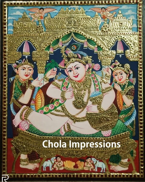 Butter Krishna - Yashodha Tanjore Painting with Mandap - 2 ft x 1.75 ft Butter Krishna - Yashodha Tanjore Painting with Mandap - 2 ft x 1.75 ft